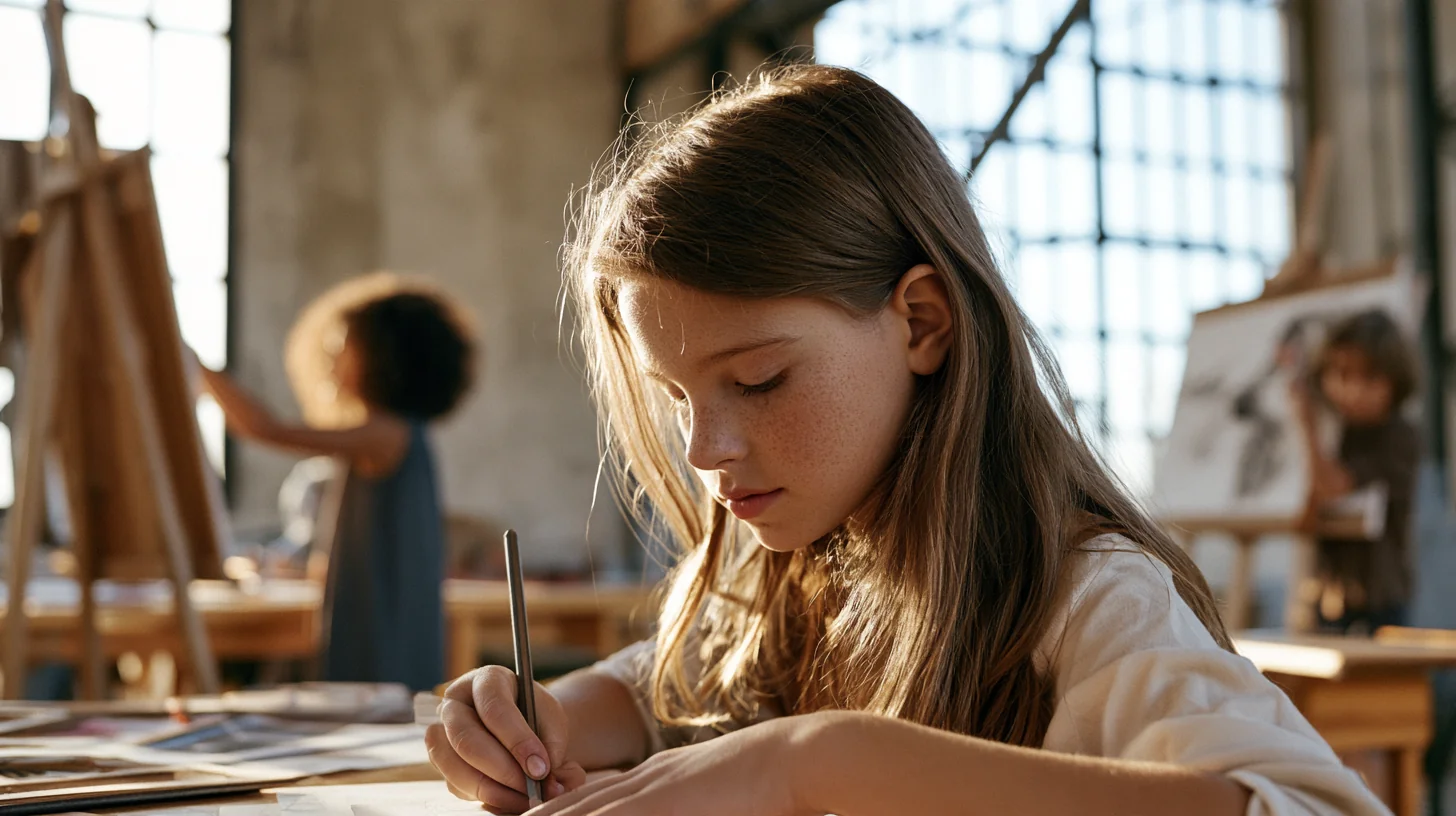 Child focused on drawing in an art studio with easels