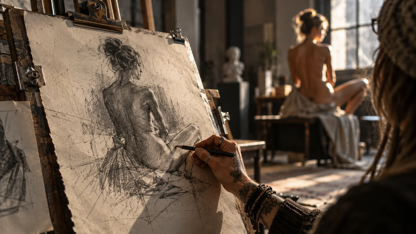 Detailed charcoal life drawing on textured paper